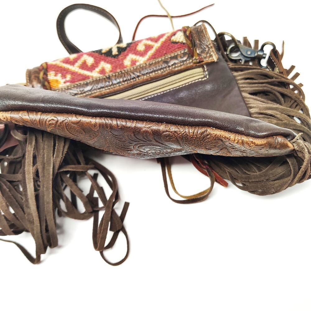 Myra Bag Aztec Motif Leather Fringe Purse Boho Western Brown Red Crossbody Bag - Picture 6 of 9